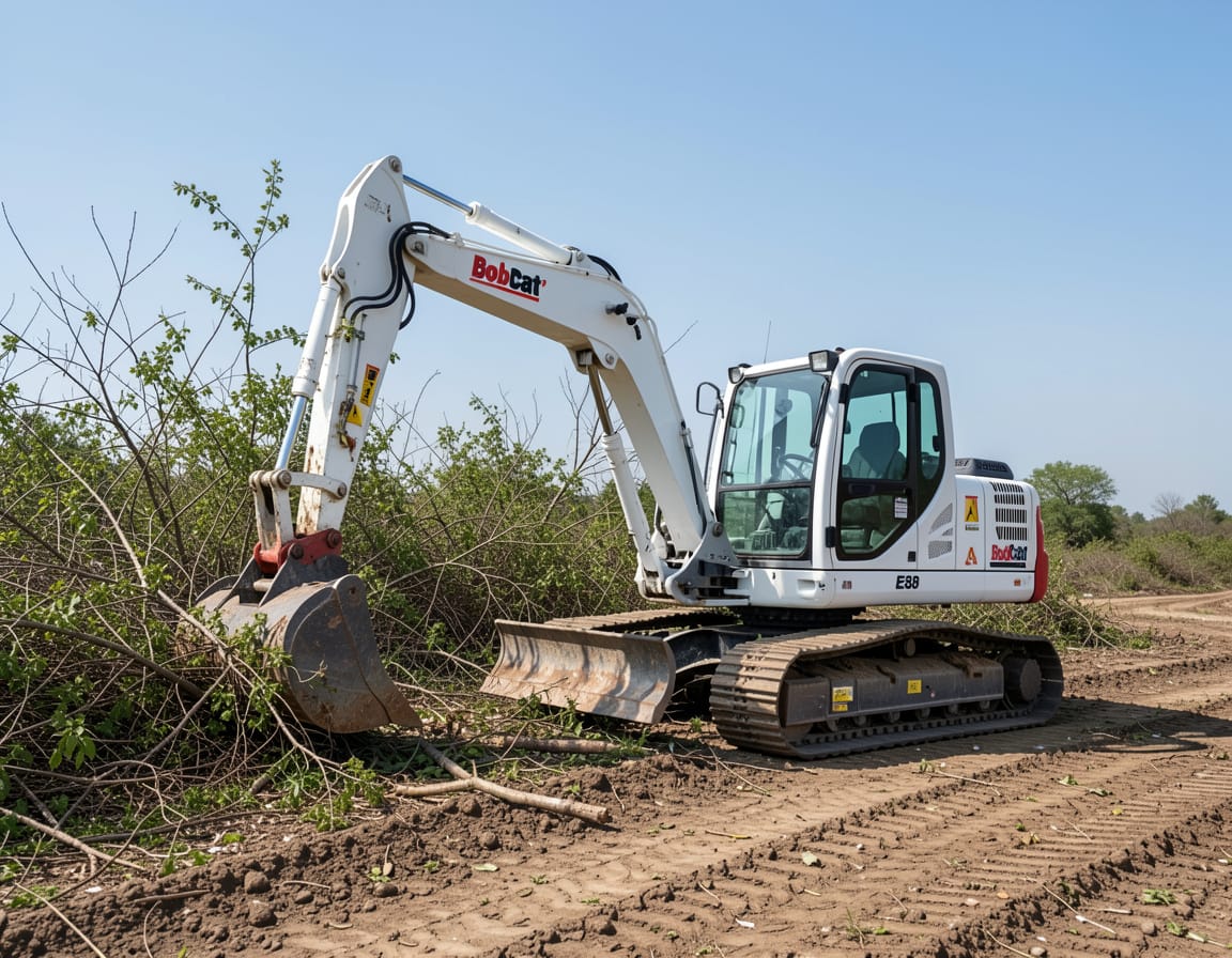 Land clearing process using heavy machinery to remove brush and vegetation