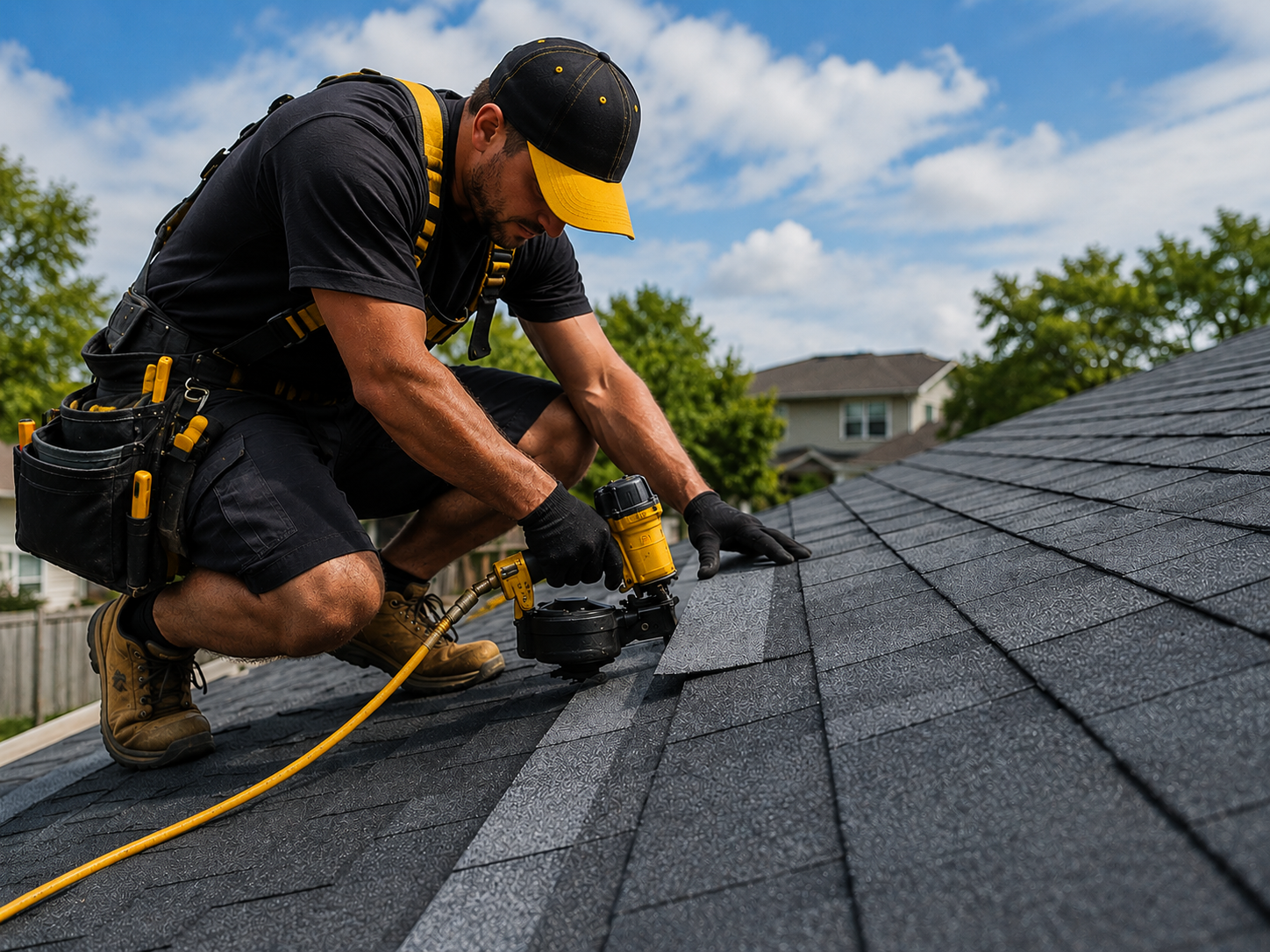 One of our roofing professionals working on a residential roof
